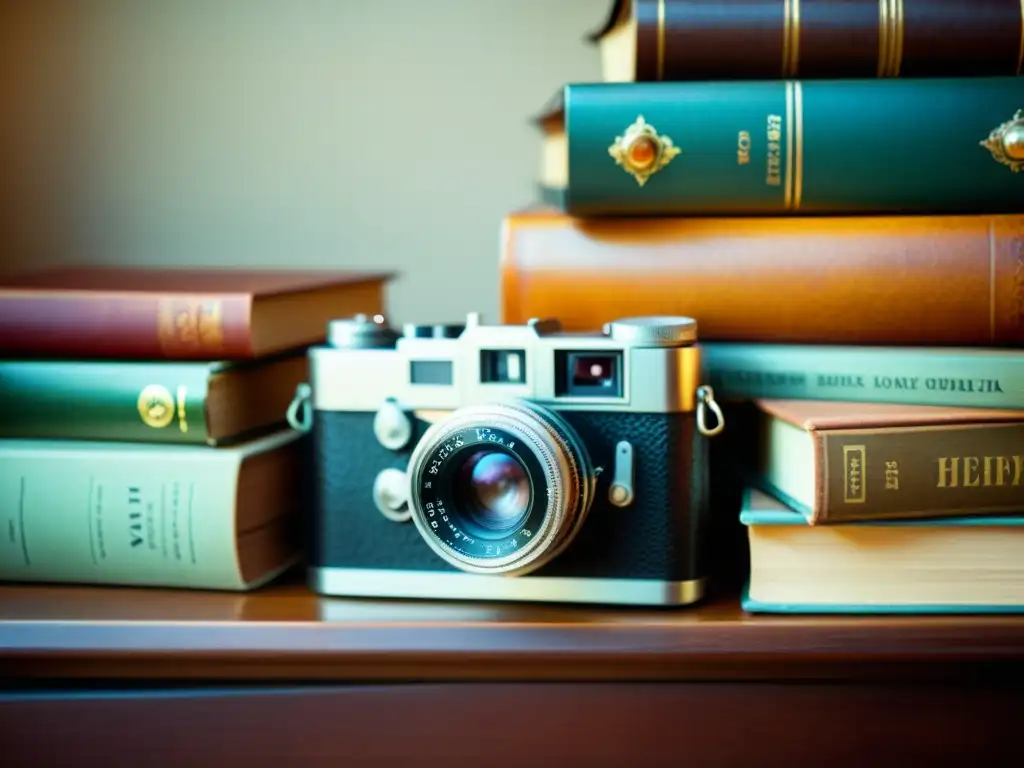 Una imagen nostálgica de una cámara vintage rodeada de libros de fotografía y carretes de hilo