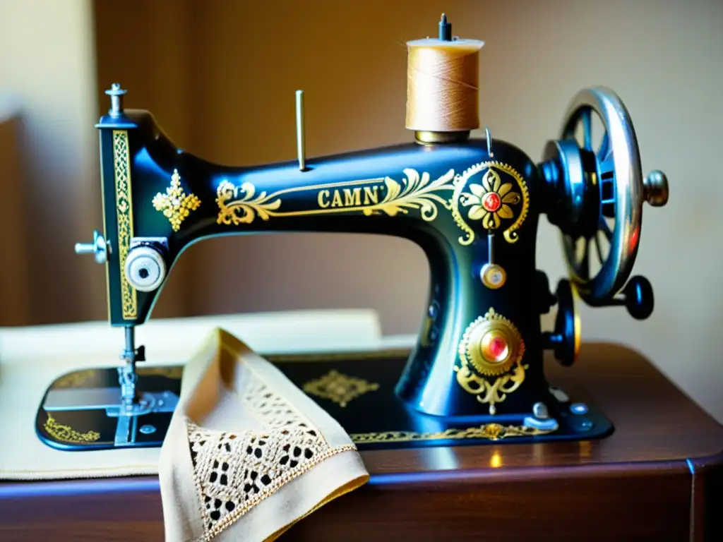 Una imagen nostálgica de una máquina de coser vintage rodeada de hilos de colores y libros de patrones antiguos