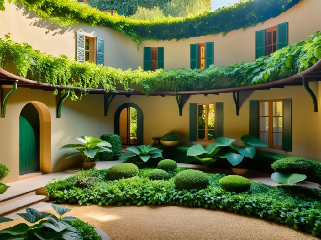 Encantador patio verde con arquitectura orgánica Imagen de un patio exuberante con arquitectura orgánica y patrones naturales, creando un ambiente de biofilia y tranquilidad