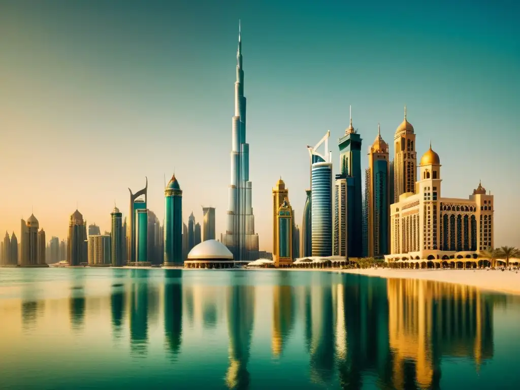 La imagen muestra los patrones arquitectónicos y la cultura de Dubai reflejados en el skyline de la ciudad junto a la Marina