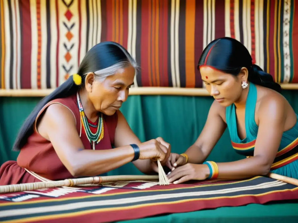 Imagen de patrones indígenas y autonomía cultural reflejados en la tejeduría y danza tradicional, emanando orgullo y resiliencia