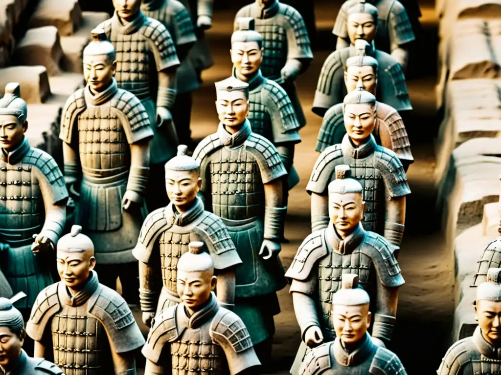 Imagen de alta resolución del famoso Ejército de Terracota en China, mostrando detalles intrincados de los antiguos guerreros de cerámica