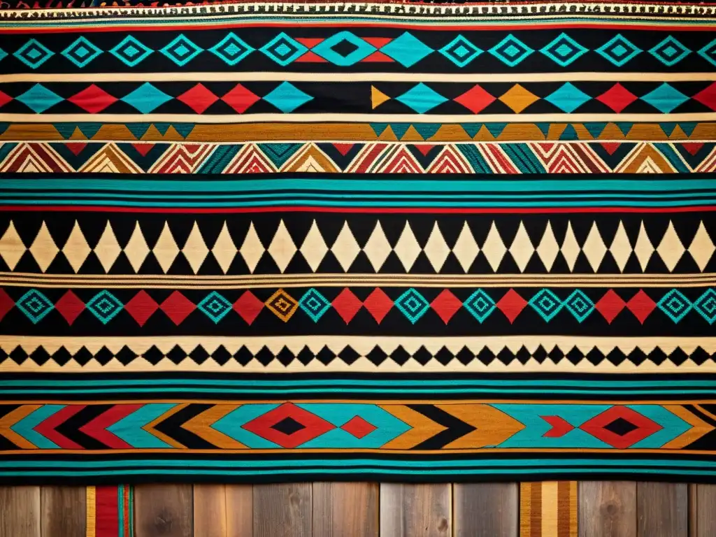 Una imagen de alta resolución de un textil tribal vintage con intrincados patrones geométricos y tonos terrosos vibrantes, reflejando la artesanía auténtica y la importancia cultural de los diseños étnicos