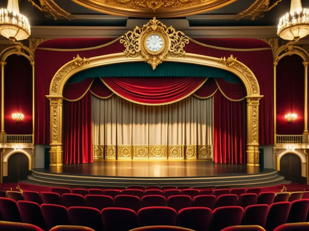 Imagen de un teatro barroco con patrones escenográficos drama barroco, luces cálidas y cortinas dramáticas