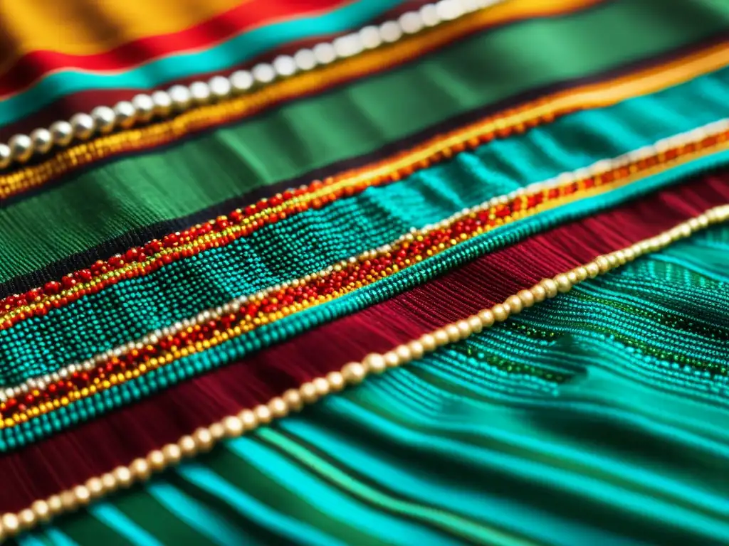 Una imagen de cerca de un textil africano con adornos y accesorios en tejidos africanos, destacando la artesanía y la rica tradición cultural