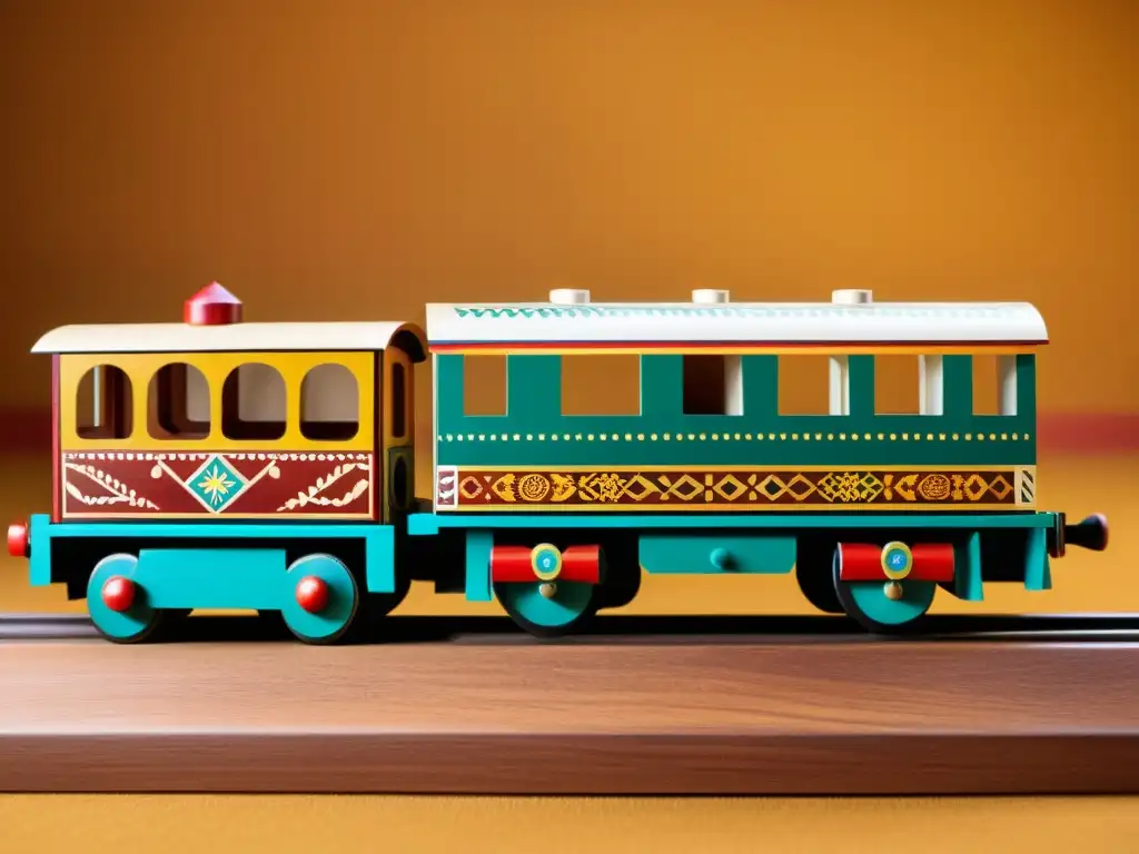 Detalles étnicos en tren de madera Una imagen de un tren de juguete vintage de madera con diseños étnicos pintados a mano, evocando nostalgia y tradición en juguetes