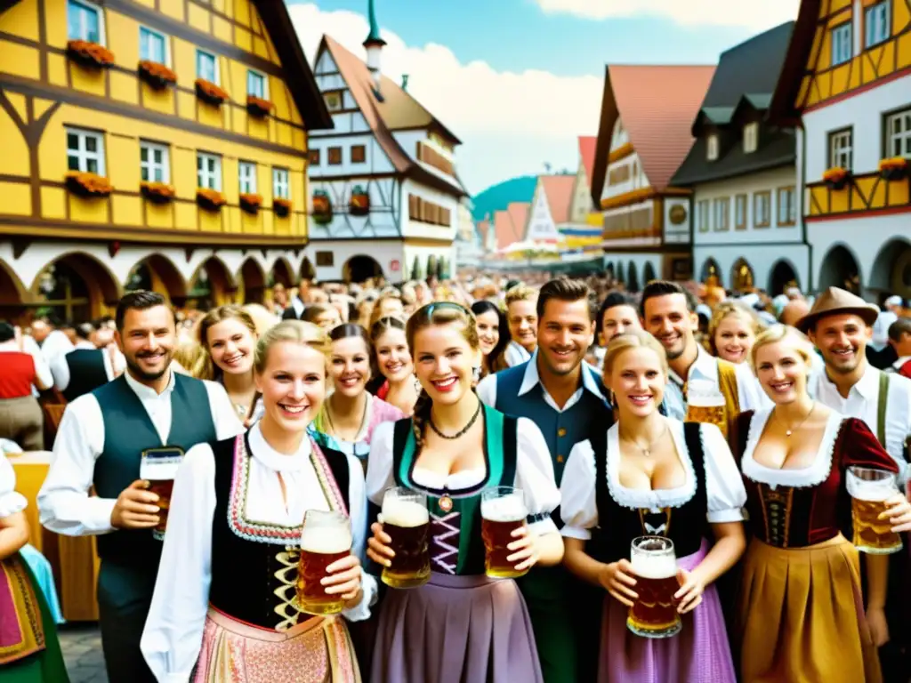 Imagen vibrante del Oktoberfest con gente vestida con trajes tradicionales bávaros, disfrutando de la celebración y los patrones culturales