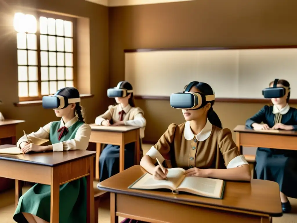 Imagen vintage de aula del siglo XX con estudiantes usando realidad virtual para explorar patrones históricos y tradiciones culturales