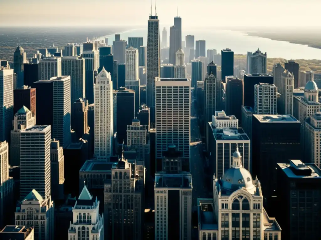 Imagen vintage en blanco y negro del skyline de Chicago, resaltando los patrones arquitectónicos y la diversidad cultural de la ciudad