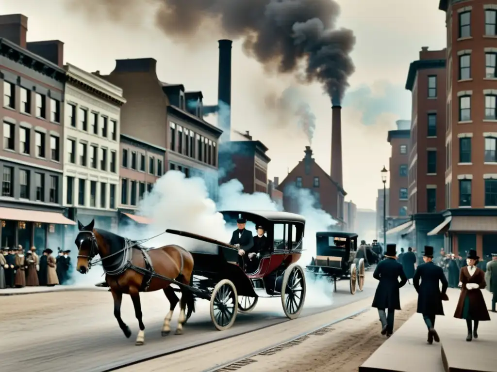 Imagen vintage en blanco y negro de una bulliciosa calle de la ciudad durante la revolución industrial, con carruajes y automóviles, hombres y mujeres elegantes y chimeneas humeantes