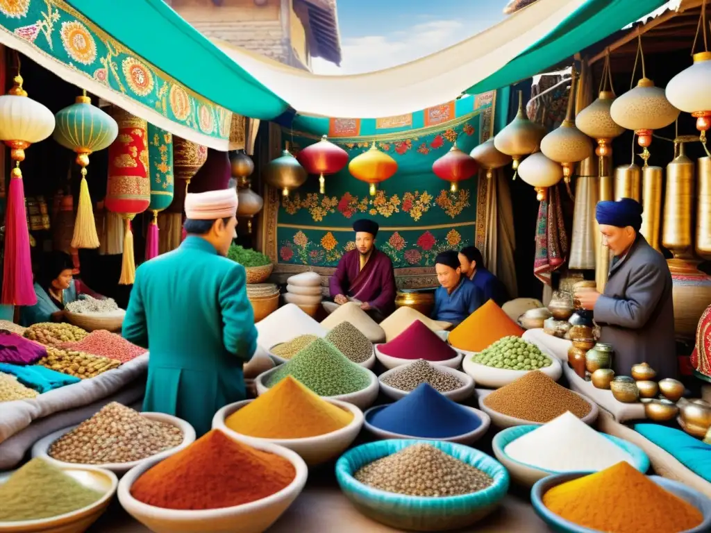 Imagen vintage de un bullicioso mercado a lo largo de la Ruta de la Seda, con patrones artísticos y colores vibrantes en textiles y cerámicas