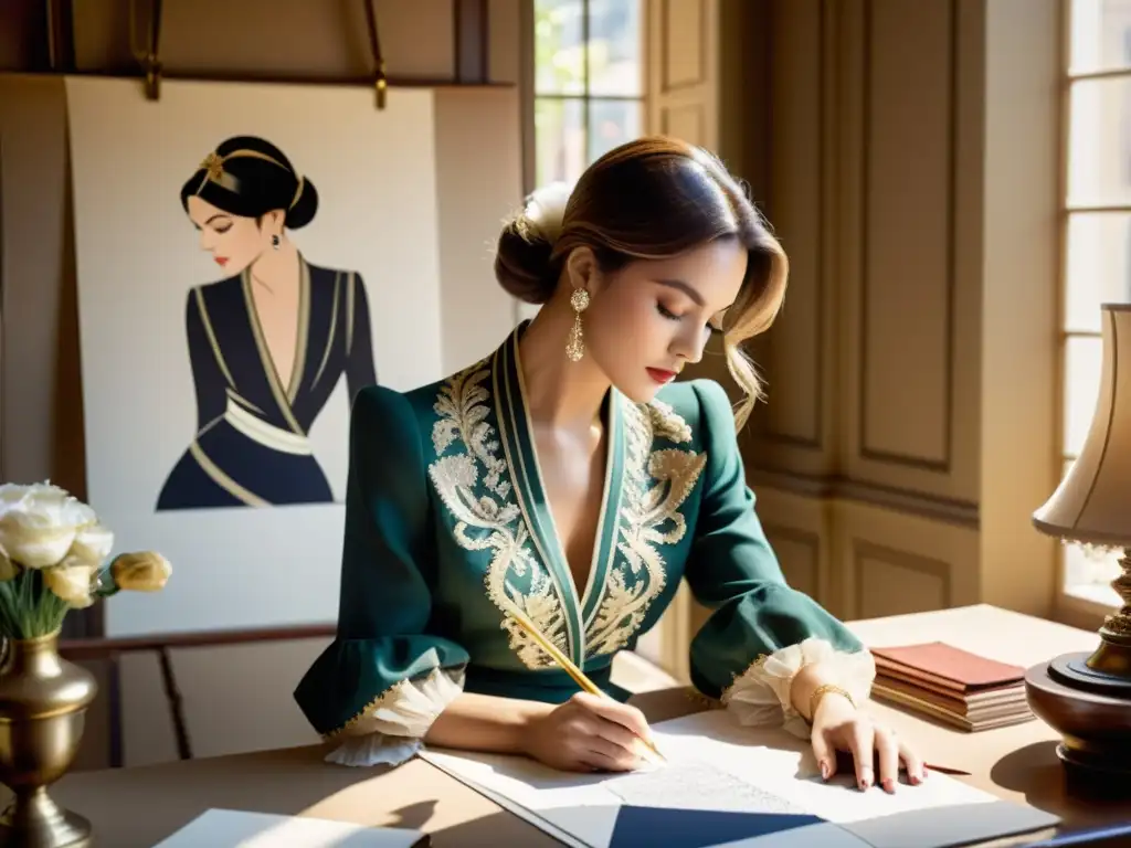 Una imagen vintage de un diseñador de moda creando patrones intrincados a mano en un atelier iluminado por el sol