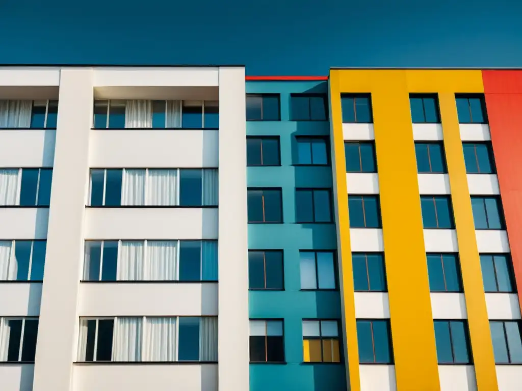 Imagen vintage de un edificio Bauhaus con impacto en patrones, destacando su diseño innovador, líneas limpias y colores primarios