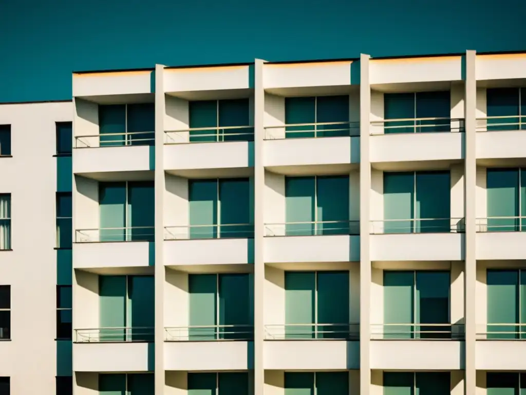 Imagen vintage de un edificio Bauhaus con patrones geométricos y líneas limpias, resaltando su carácter histórico y estético