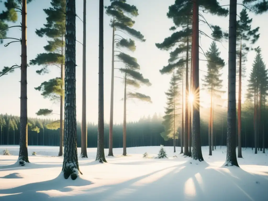 Imagen vintage de bosque escandinavo nevado, con árboles altos y neblina, evocando patrones nórdicos de diseño minimalista