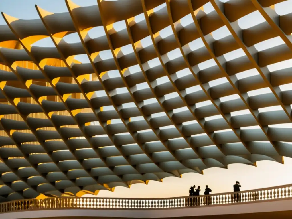 Una imagen vintage de Metropol Parasol en Sevilla, España, muestra la estructura de celosía de madera y patrones cinéticos en arquitectura moderna, evocando una sensación de nostalgia atemporal