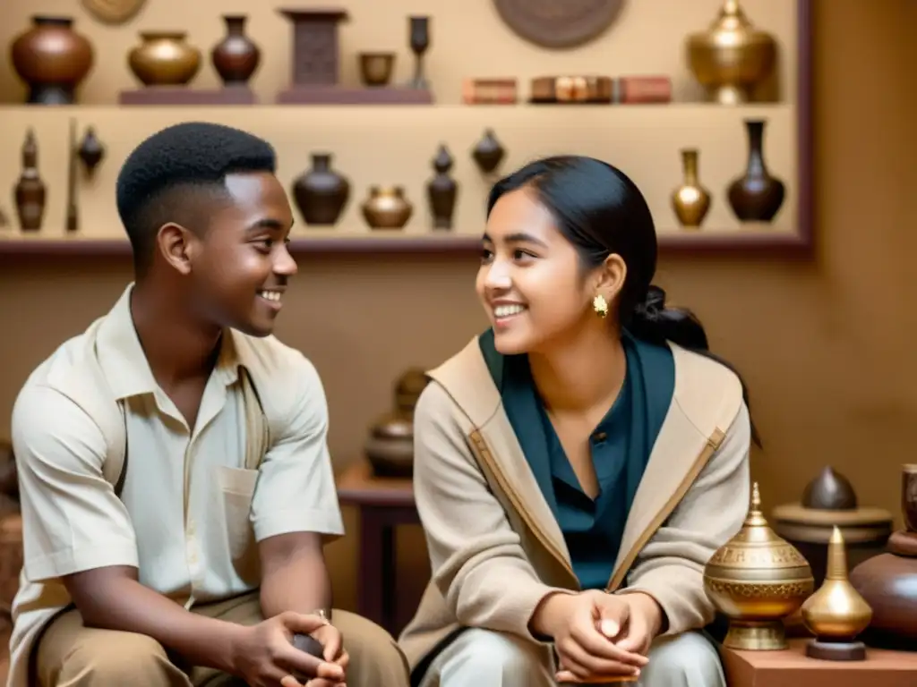 Imagen vintage de dos estudiantes de distintos orígenes culturales conversando rodeados de artefactos y símbolos tradicionales