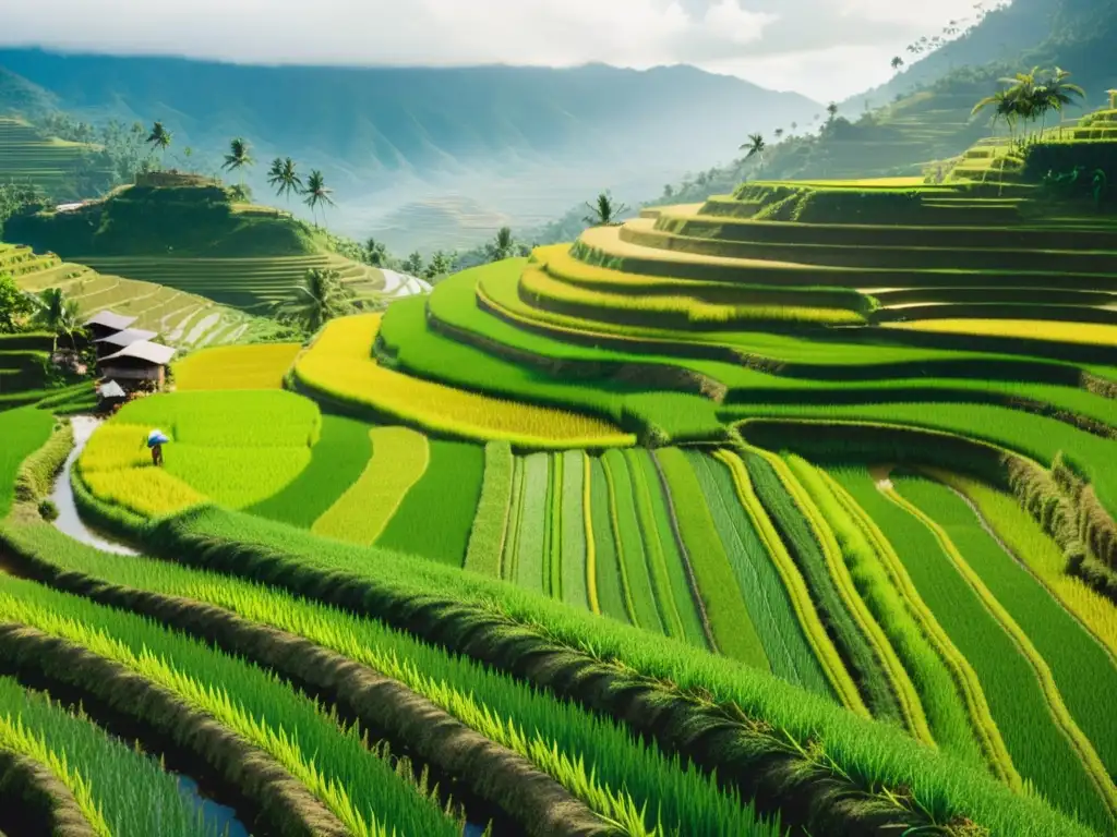 Imagen vintage de gran resolución de agricultores filipinos cuidando con esmero los patrones bordados de las terrazas de arroz, evocando la belleza del paisaje y la tradición agrícola en Filipinas