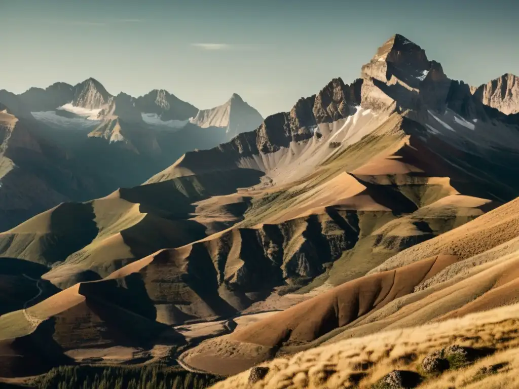 Imagen vintage de una imponente cordillera con capas de roca sedimentaria, mostrando modificaciones en los patrones geológicos a lo largo de eras