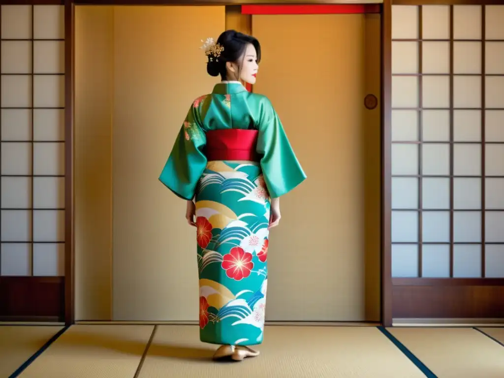 Imagen vintage de un kimono japonés con patrones icónicos y accesorios tradicionales, evocando la elegancia y la moda japonesa