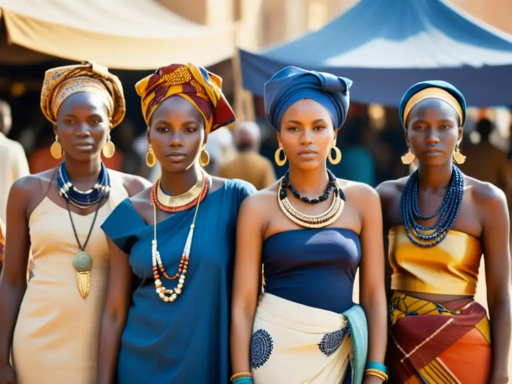 Imagen vintage de mujeres africanas con ornamentos tejidos indigo en bullicioso mercado, evocando significado cultural