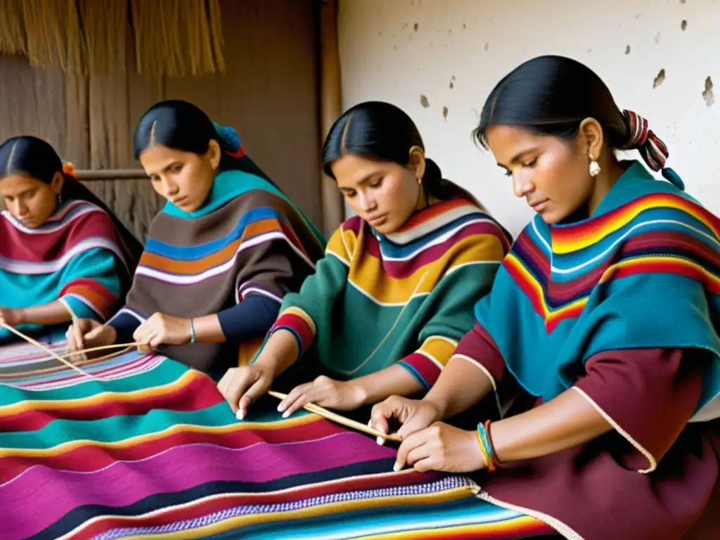 Imagen vintage de mujeres andinas tejiendo patrones en ponchos tradicionales
