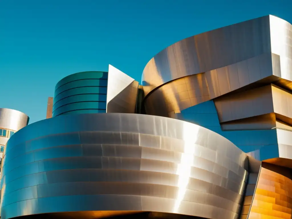 Imagen vintage del Museo Guggenheim Bilbao resalta los patrones arquitectura Frank Gehry en la fachada de titanio, con juego de luces y sombras