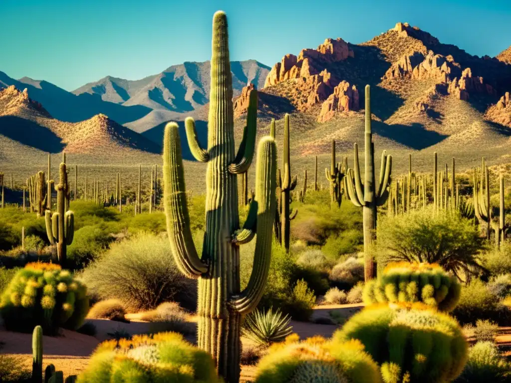 Patrón único: Cactus saguaro en el desierto Imagen vintage de un paisaje desértico con un cactus saguaro, destacando sus patrones de supervivencia en el desierto