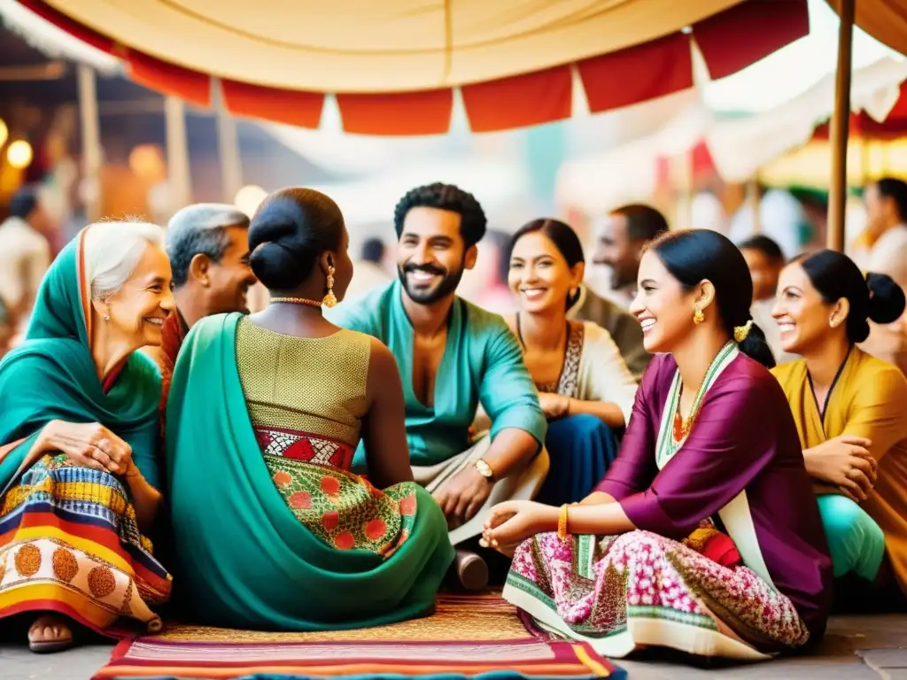 Imagen vintage de personas de distintas culturas compartiendo en un mercado vibrante, donde los patrones artísticos fomentan empatía intercultural