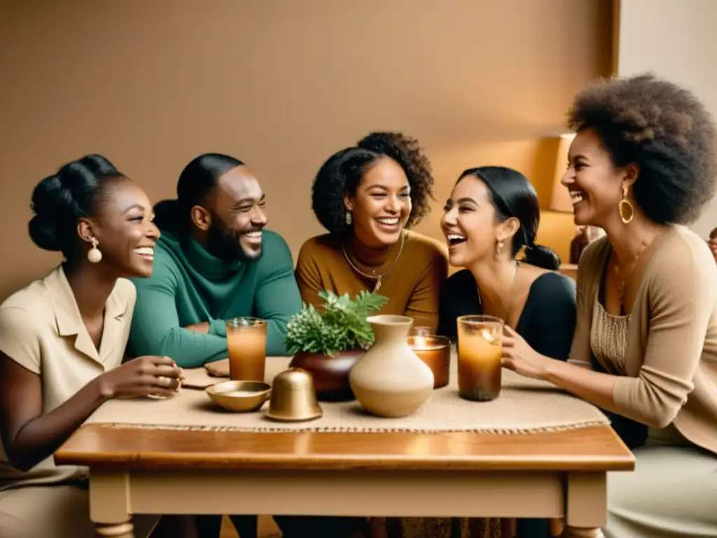 Imagen vintage de personas diversas compartiendo en una mesa, evocando comunidad y lealtad de marca con autenticidad y calidez