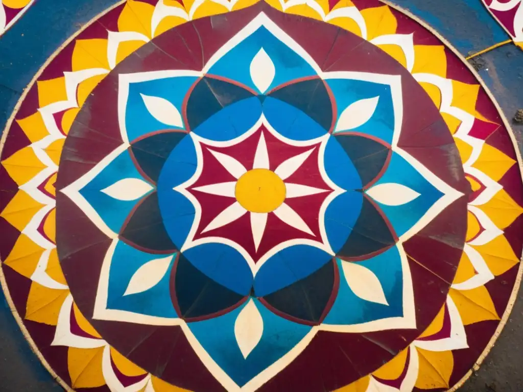 Imagen vintage de un Rangoli colorido en el Kumbh Mela, India, reflejando la Geometría Sagrada y la esencia espiritual