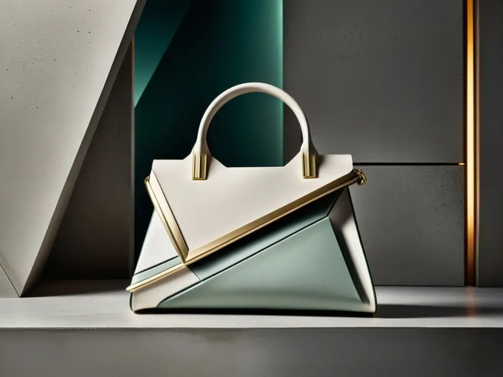 Moderno bolso y estructura arquitectónica en contraste Imagen vintage de alta resolución de un bolso moderno y una maqueta arquitectónica, mostrando patrones arquitectónicos en accesorios de moda