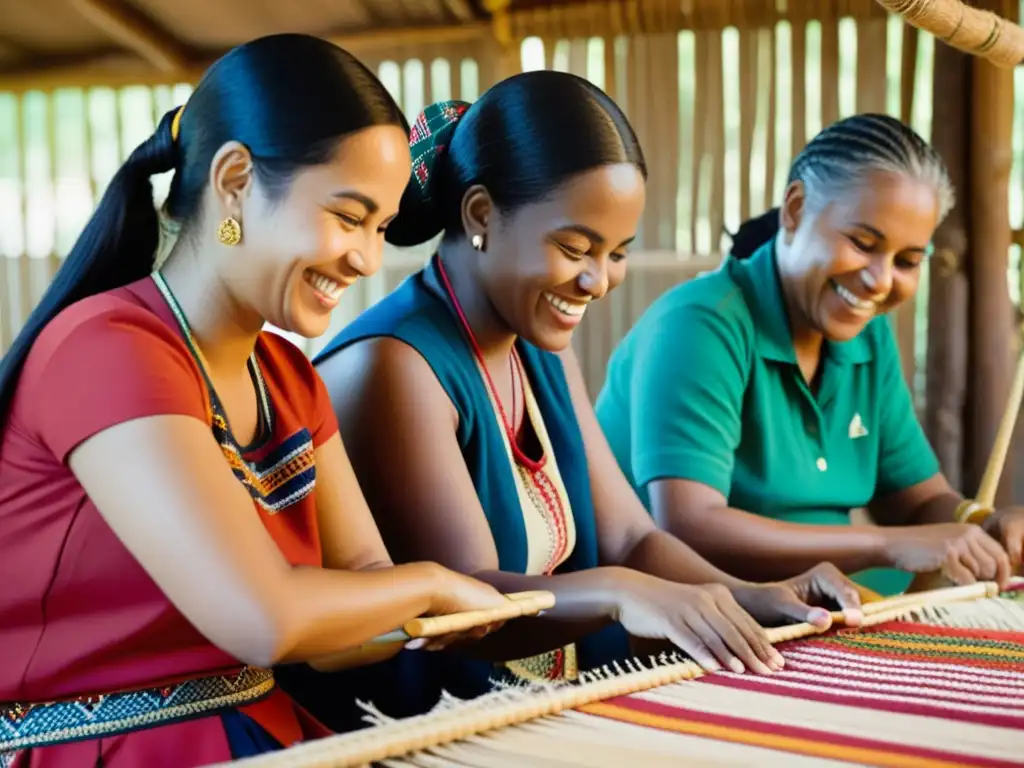 Tejido tradicional: Intercambio cultural en acción Imagen vintage de tejido tradicional con participantes de distintas culturas intercambiando patrones textiles como embajadores culturales