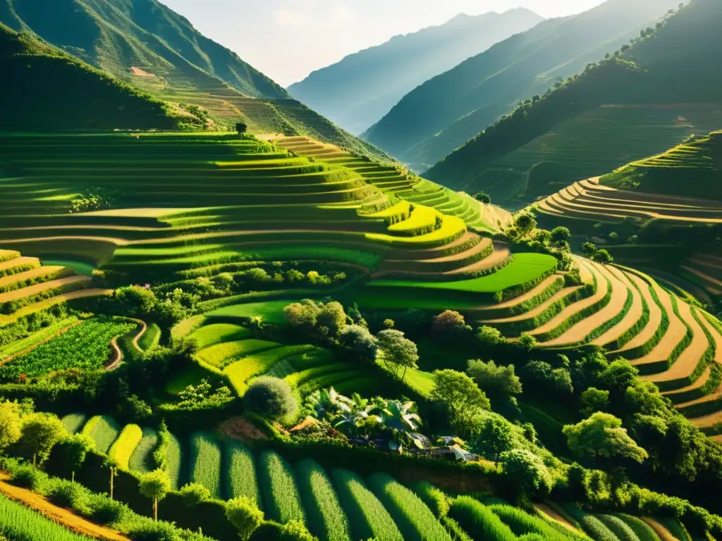 Imagen vintage de terrazas agrícolas en la montaña, influencia de patrones en agricultura, luz del sol resalta la belleza natural