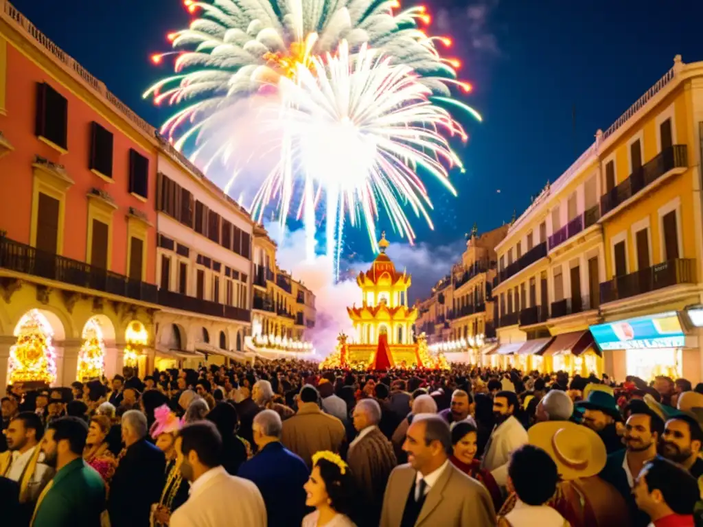 Una imagen vintage de las vibrantes Fallas Valencianas, con patrones pirotécnicos hipnóticos y la alegre atmósfera festiva del evento