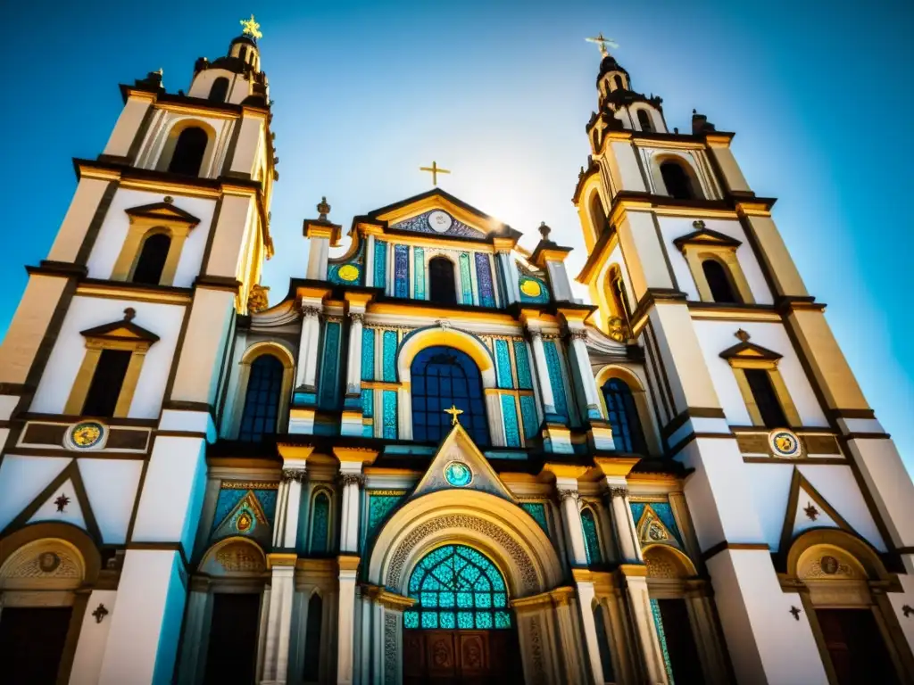 Imponente catedral colonial en América Latina, con patrones arquitectónicos y vitrales coloridos, bañada por la luz del sol