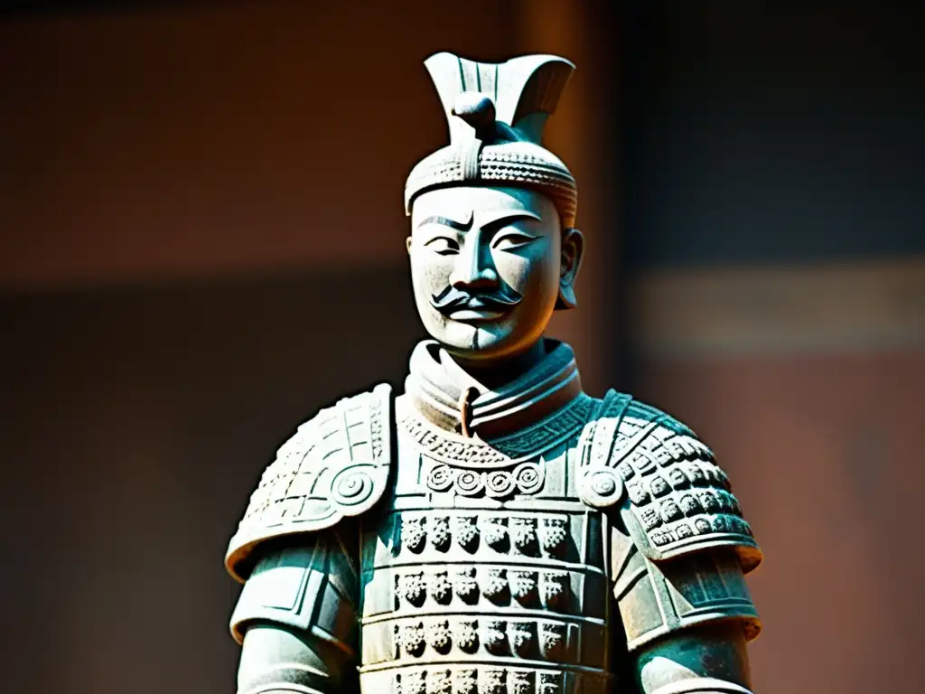Imponente estatua de guerrero de terracota del sudeste asiático, con detalles intrincados y pátina envejecida, evocando historia y cultura