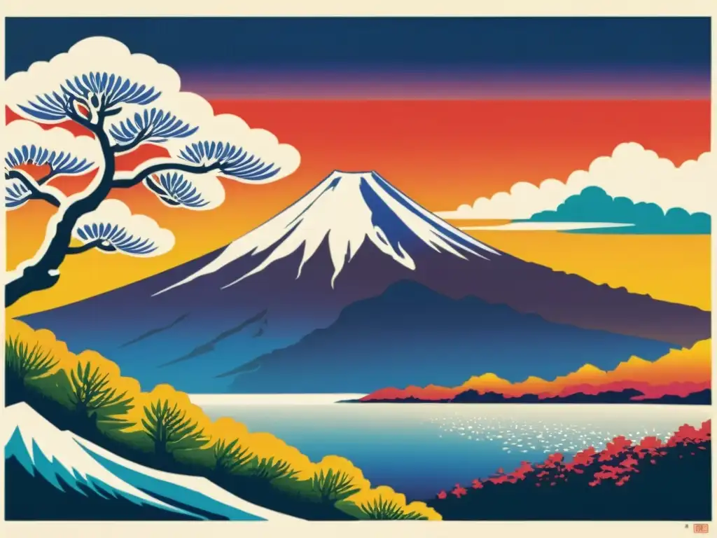 Imponente grabado antiguo de Monte Fuji al atardecer