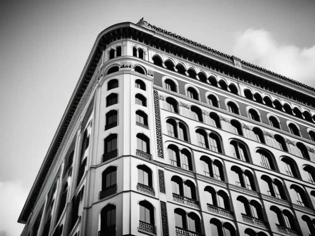 Imponente megaestructura urbana con patrones artísticos en blanco y negro, evocando nostalgia y grandiosidad histórica