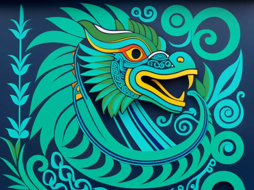 Imponente mural vintage de Quetzalcóatl, serpiente emplumada, en tonos turquesa e índigo