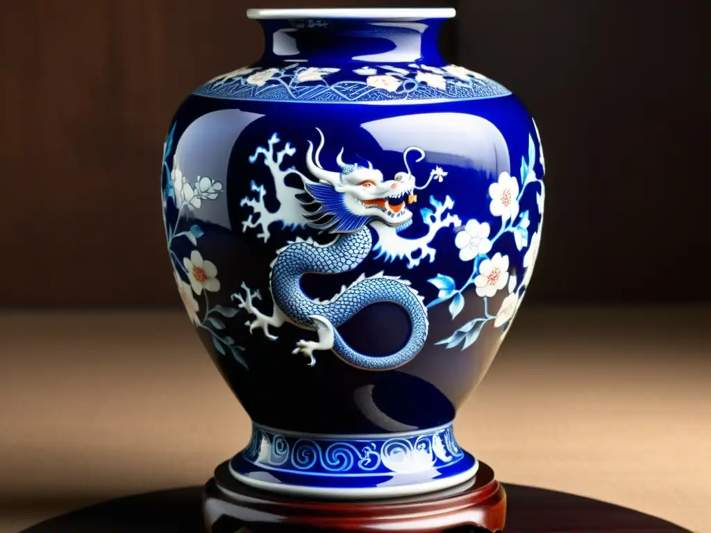 Imponente porcelana china imperial con dragones, crisantemos y sakuras en vibrante azul y rojo sobre pedestal de madera