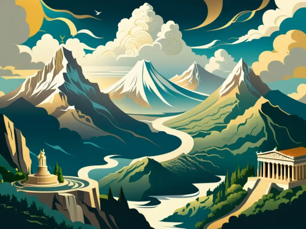 Imponente ilustración vintage del Monte Olimpo con dioses y diosas griegos en un escenario mítico