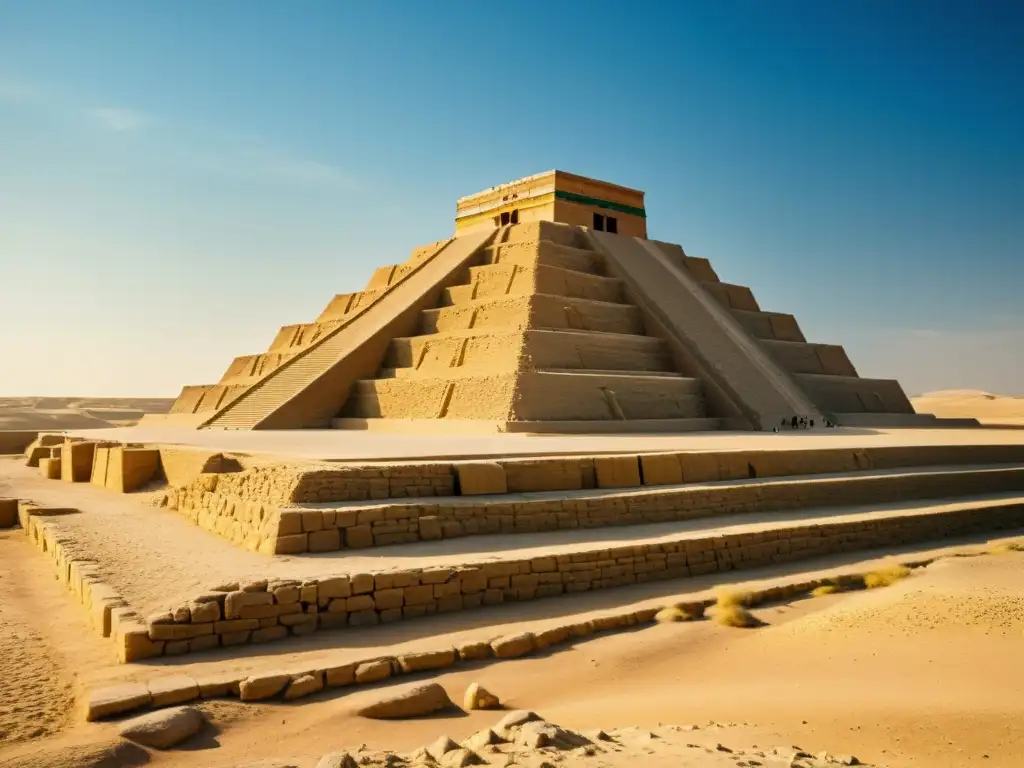 Imponente ziggurat de Ur en Mesopotamia, con sus patrones escalonados y atmósfera histórica en el desierto