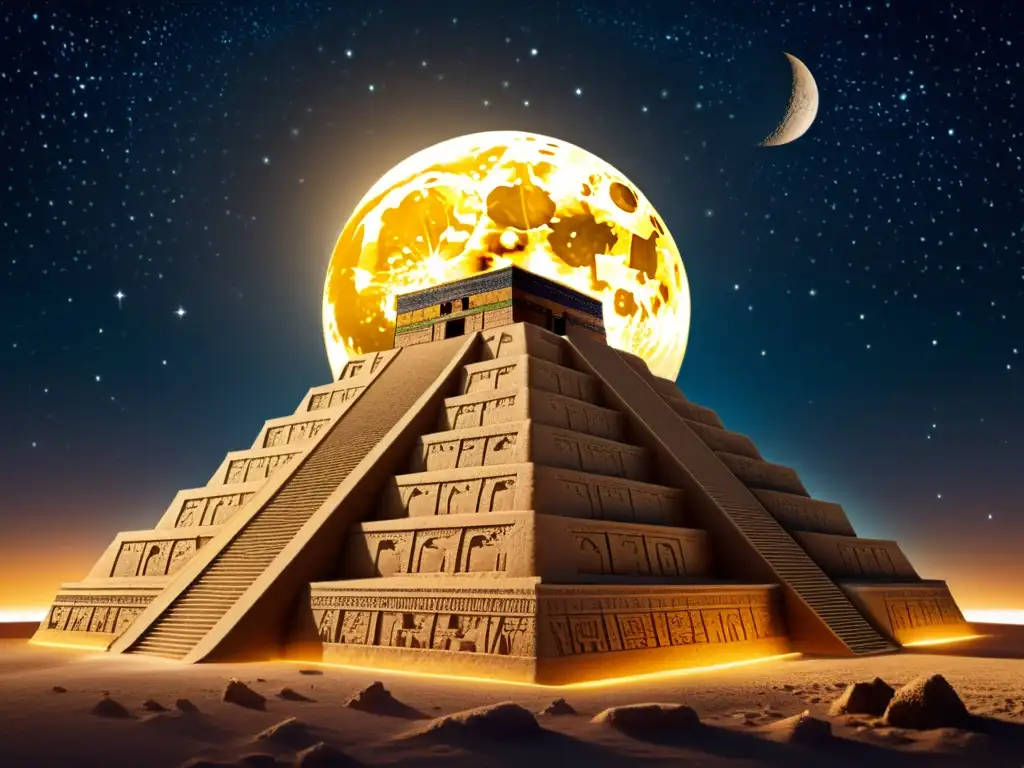 Imponente ziggurat sumerio bajo cielo estrellado, resalta la influencia astral en la arquitectura con patrones y símbolos detallados