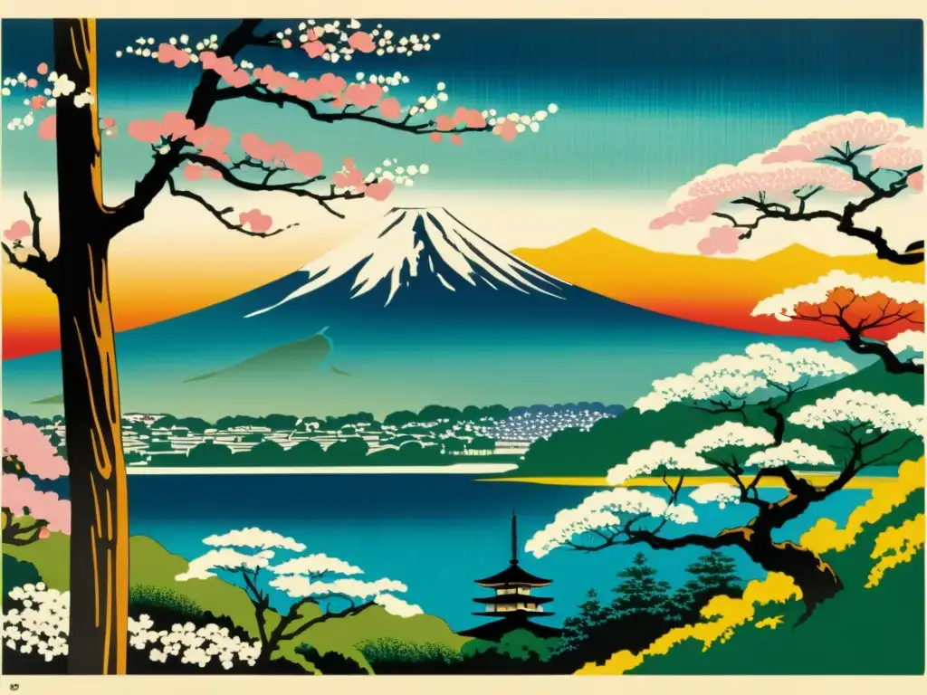 Estampa japonesa: Monte Fuji, cerezos en flor Una impresión japonesa de paisaje sereno con el Monte Fuji, árboles de cerezo en flor y una casa tradicional