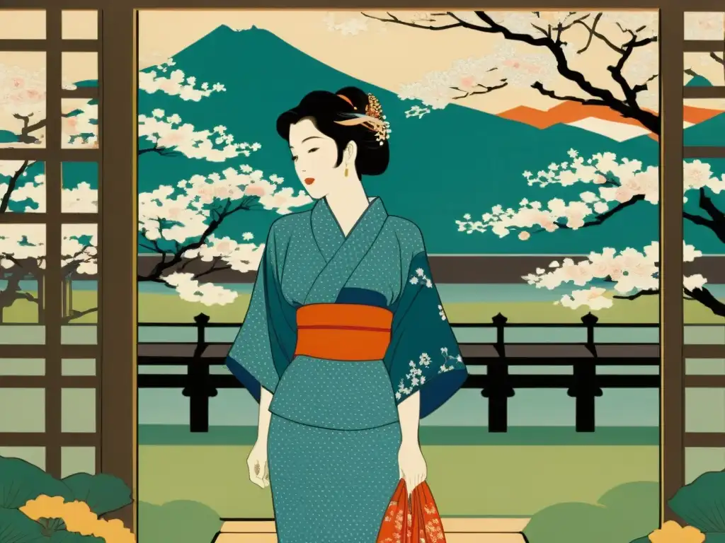 Una impresión japonesa vintage muestra a una mujer en kimono, en un jardín sereno con cerezos en flor