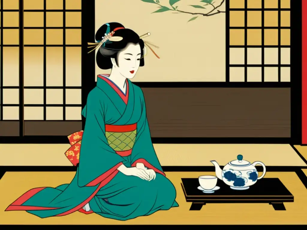 Grabado japonés: Geisha en ceremonia del té Una impresión de madera japonesa vintage de alta resolución muestra una geisha realizando una ceremonia del té en una habitación tranquila de tatami, capturando la belleza serena y los patrones tradicionales japoneses arte