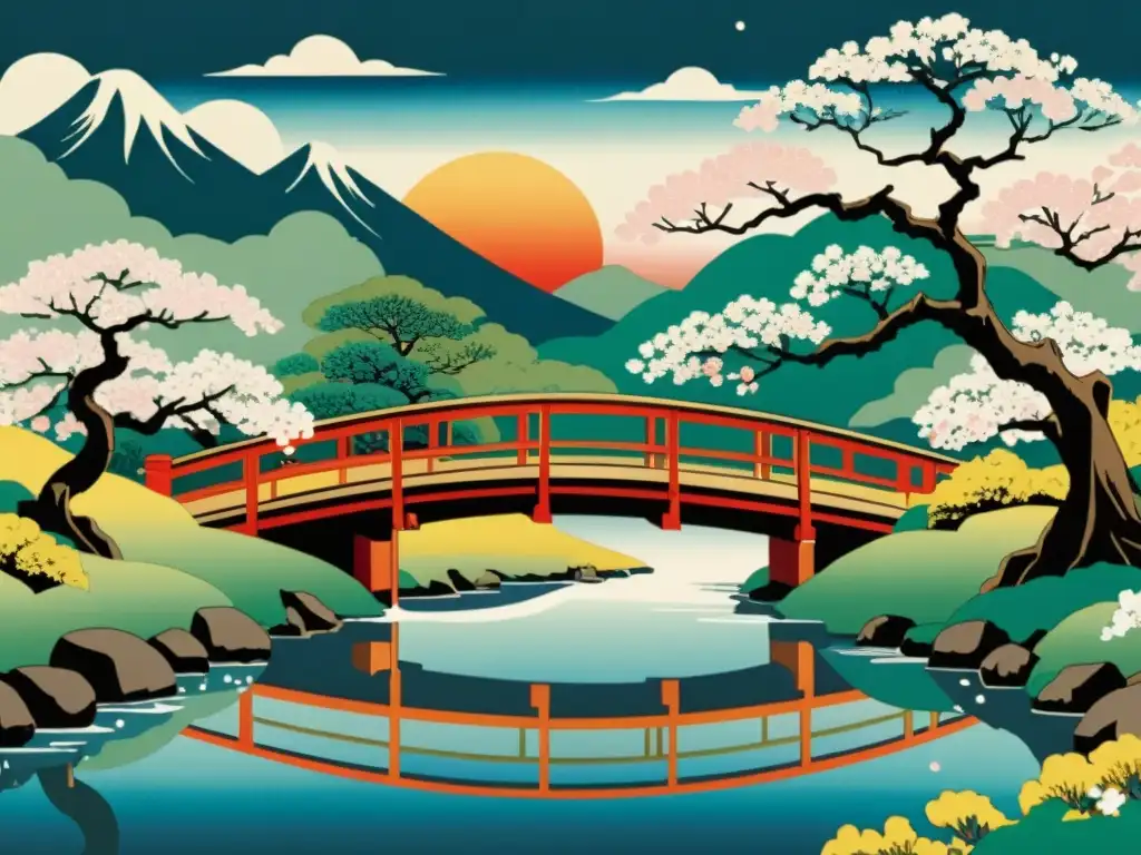 Una impresión de madera Ukiyoe del mundo con patrones vibrantes y paisaje japonés sereno