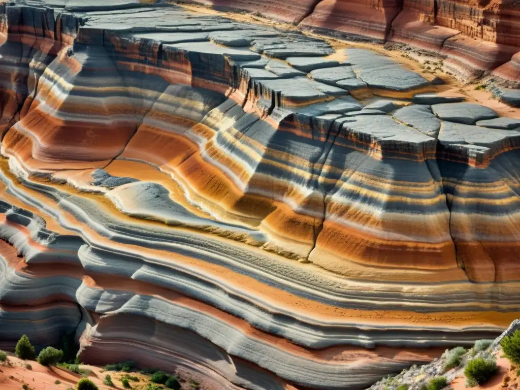 Una impresionante fotografía vintage en alta resolución muestra capas de roca sedimentaria, con patrones y texturas formados a lo largo de milenios