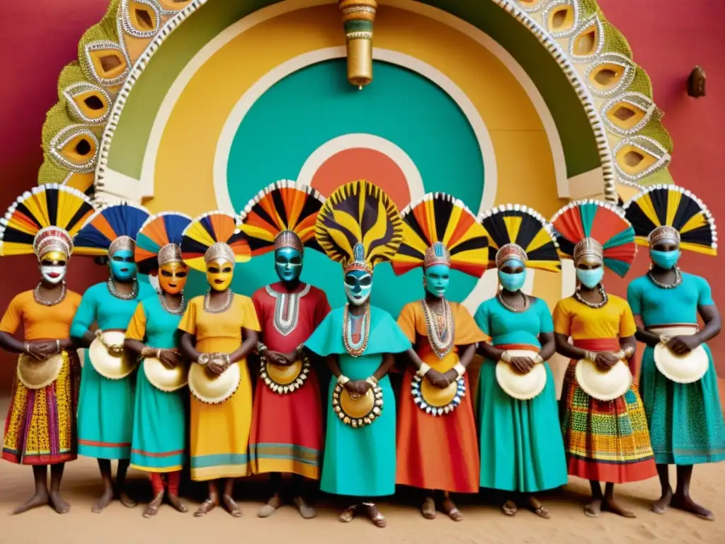 Un impresionante baile ceremonial africano con máscaras y patrones vibrantes, capturando la esencia de los rituales de máscaras africanas